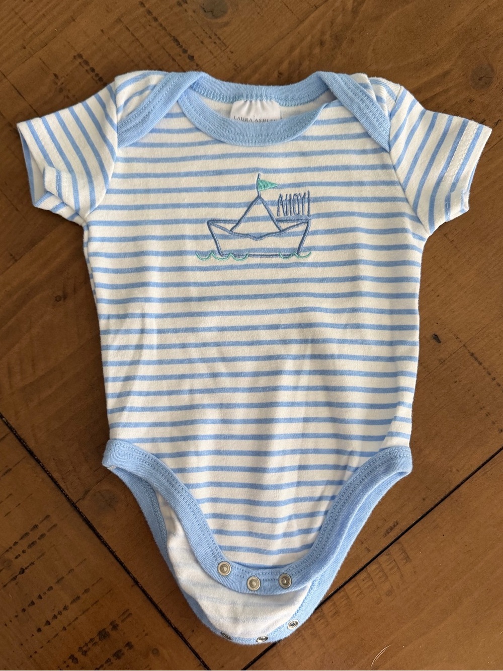 Laura Ashley Light Blue & White Striped “AHOY!” Sailboat Graphic Baby Onesie